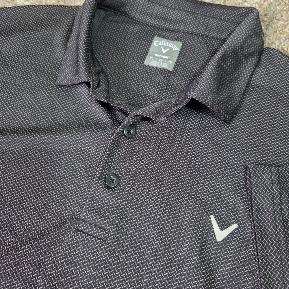 Callaway Opti-Dri Mens XL Golf Polo Shirt Black Grey Chevron Print Short Sleeve
